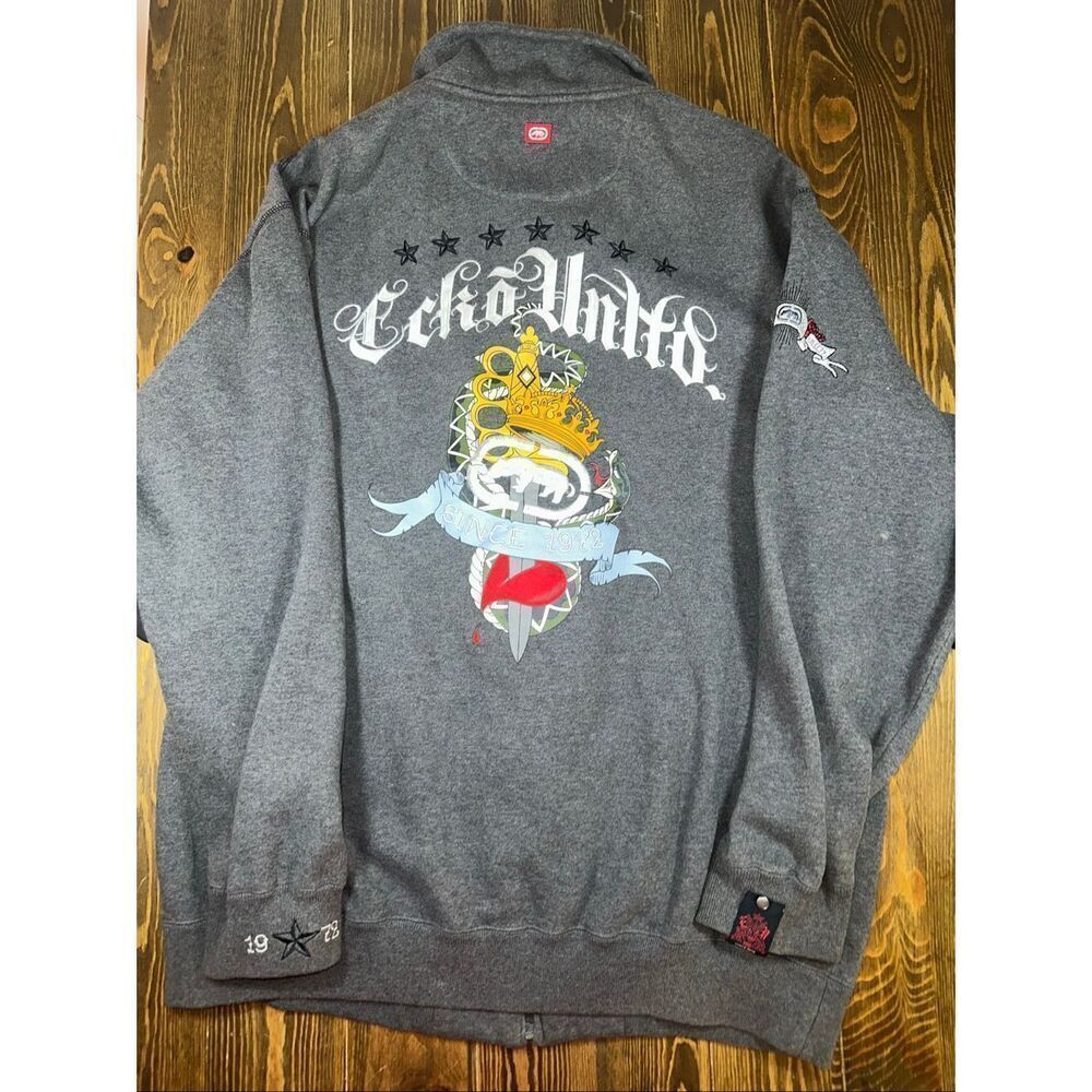 Ecko UNLTD Jacket Mens XL Gray Graphic Streetwear Y2K Full Zip Rare Lined